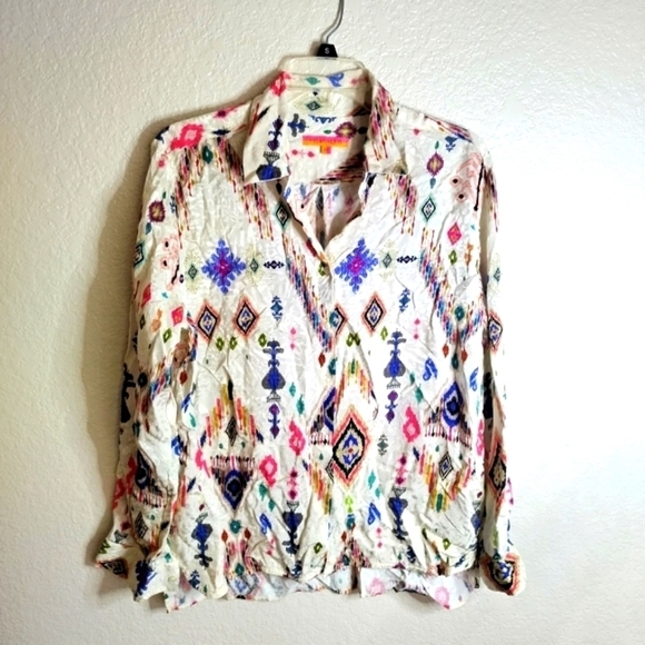 Vilagallo whimsical juniper Aztec print button down blouse sz 44/Xl - Picture 1 of 9